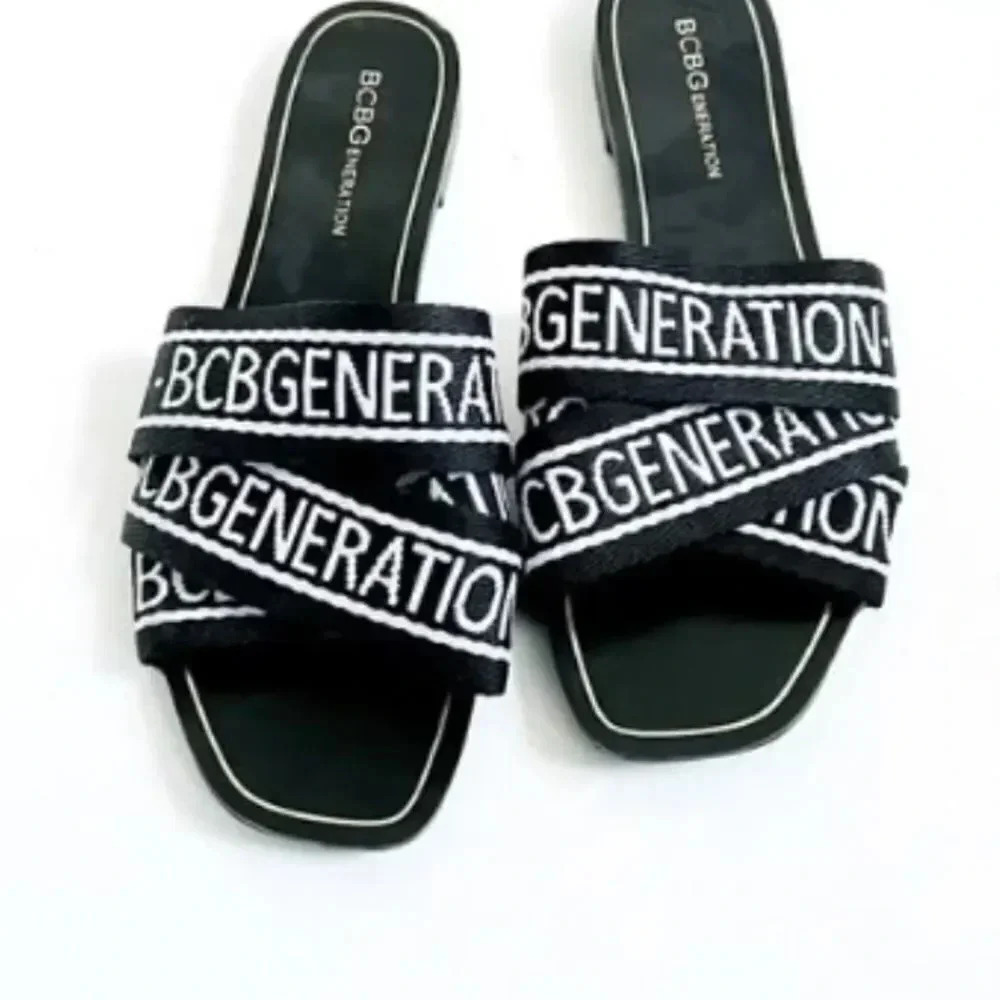 BCBGeneration  KALA Black White Logo Flat Sandals Slides Size 9​ - Picture 4 of 14